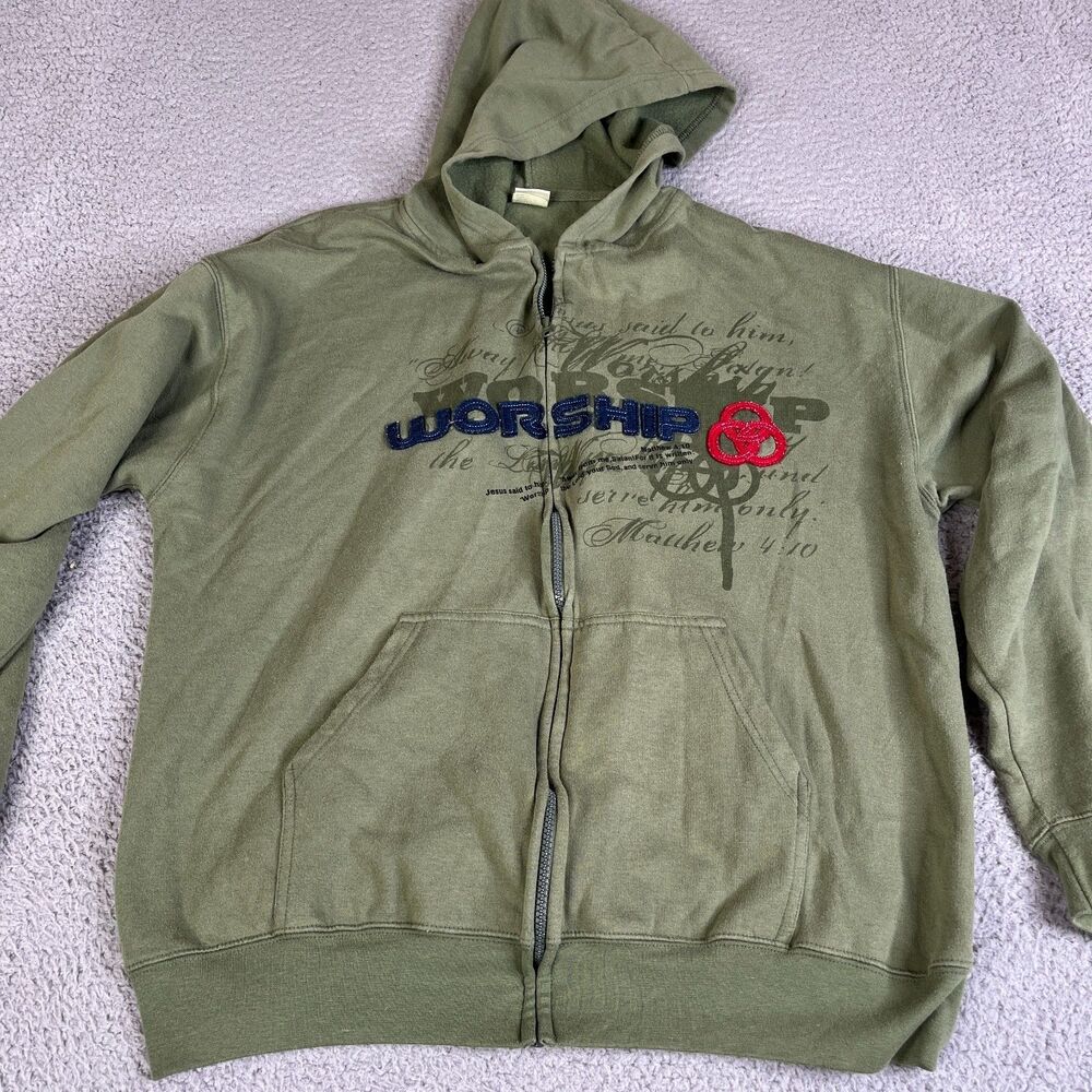 WORSHIP Sweatshirt Jesus Mens XL Green Full Zip Sweater Mathew 4:10 Double Sided
